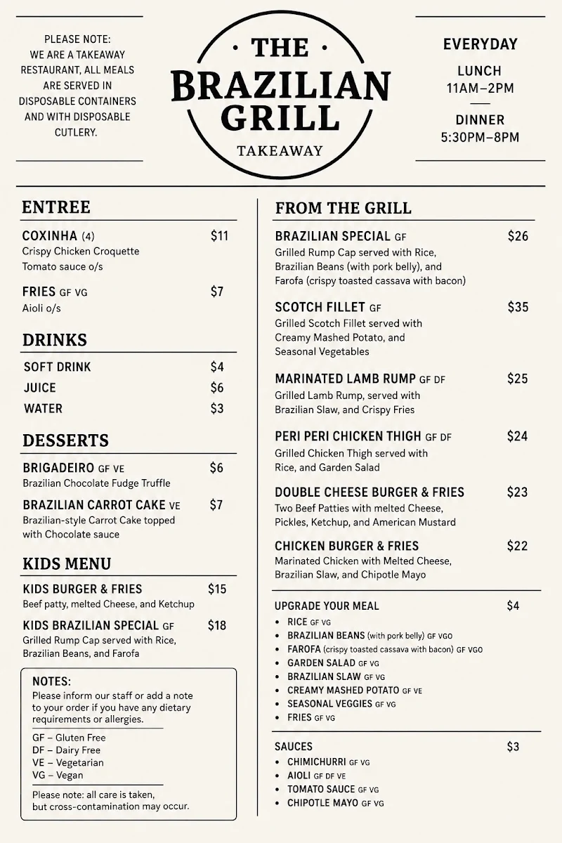 Menu, The Brazilian Grill