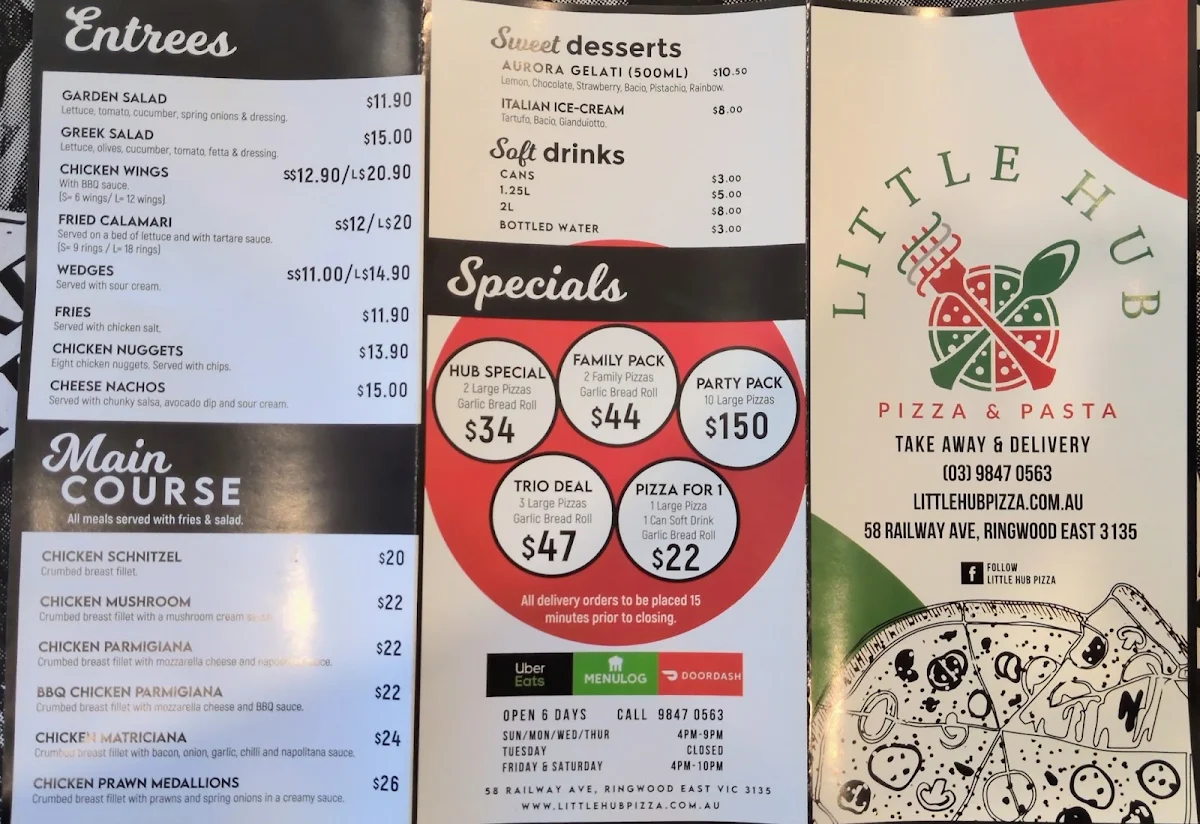 Menu, Little Hub Pizza & Pasta