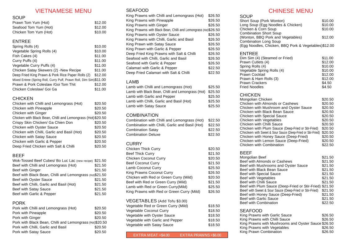 Menu, Liens Vietnamese Chinese Restaurant