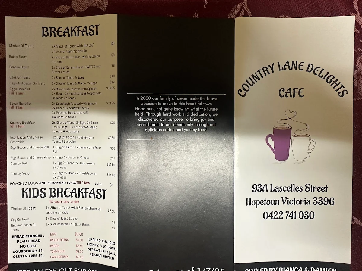 Menu, Country Lane Delights
