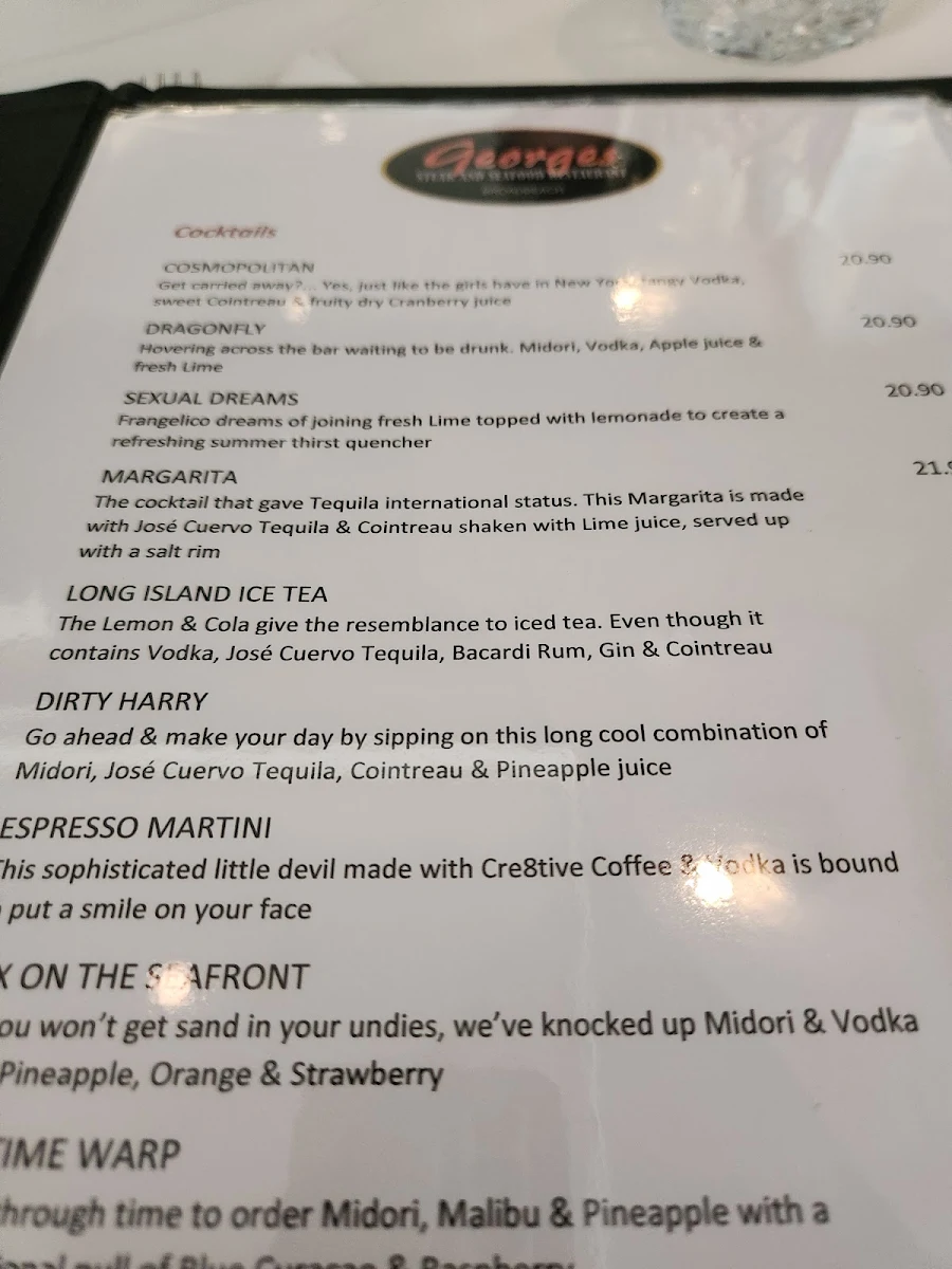 Menu, George's On Broadbeach
