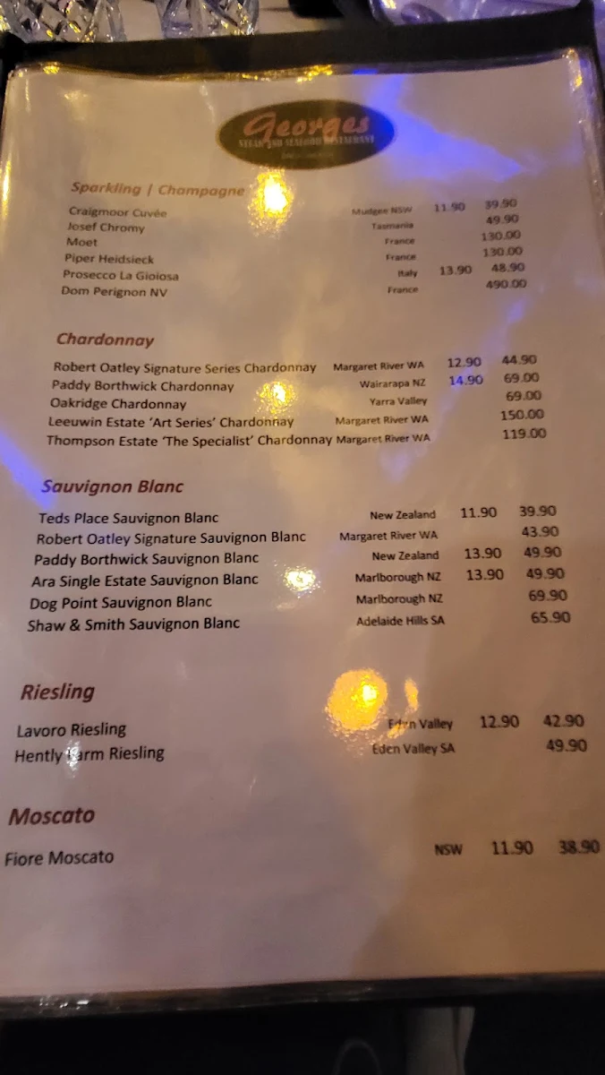 Menu, George's On Broadbeach