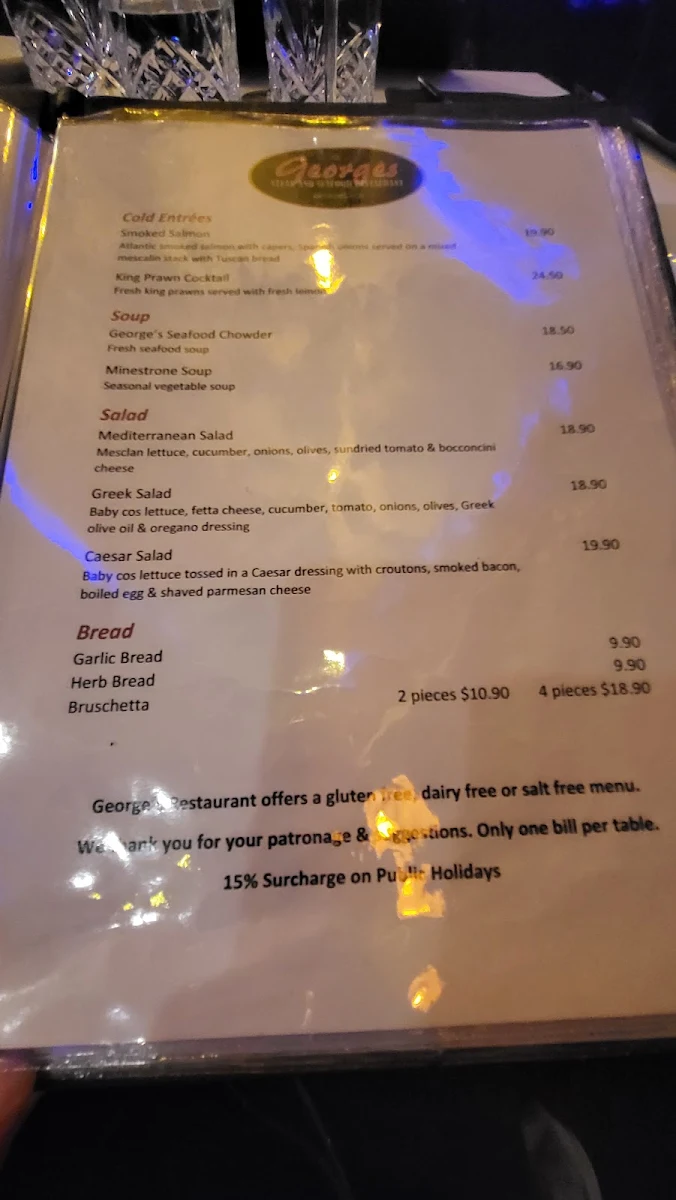 Menu, George's On Broadbeach