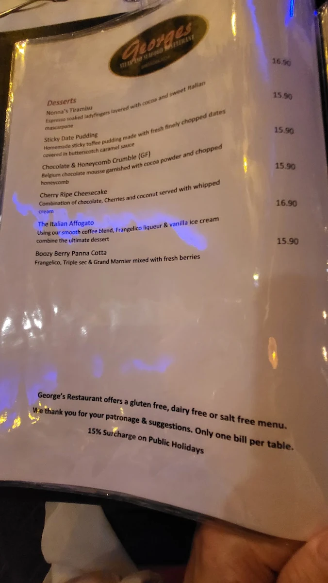 Menu, George's On Broadbeach