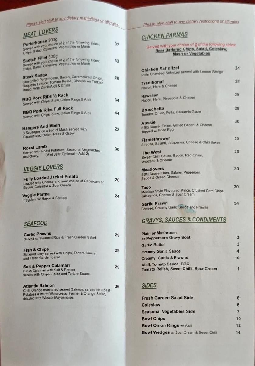 Menu, The Warburton Hotel, Wesburn - Bar & Bistro (The West)