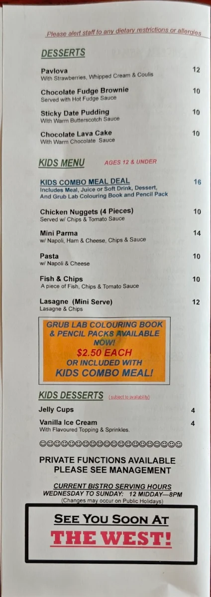 Menu, The Warburton Hotel, Wesburn - Bar & Bistro (The West)