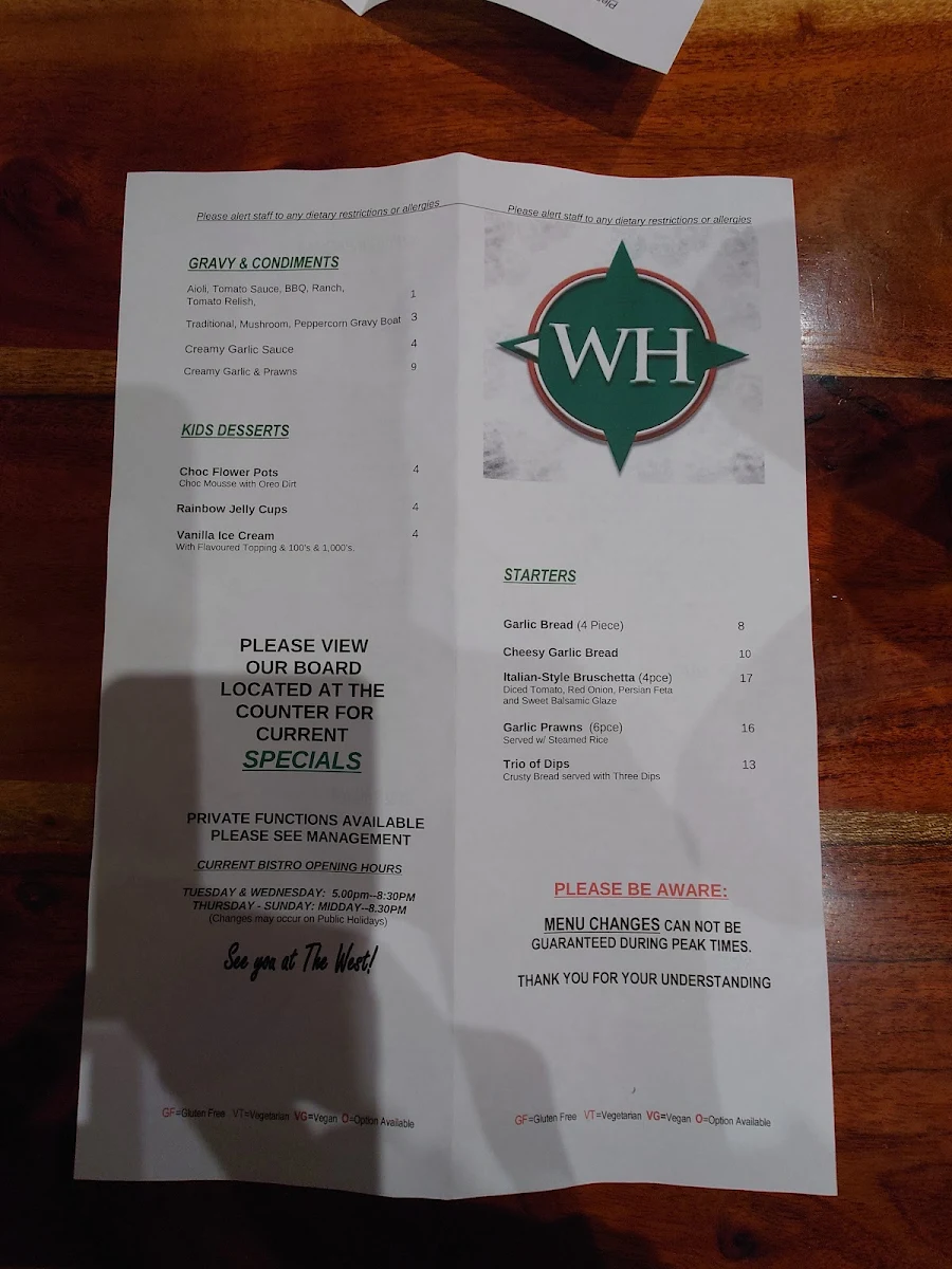 Menu, The Warburton Hotel, Wesburn - Bar & Bistro (The West)