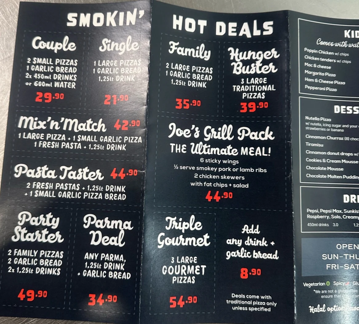Menu, Smokin' Joes Pizza and Grill - Craigieburn