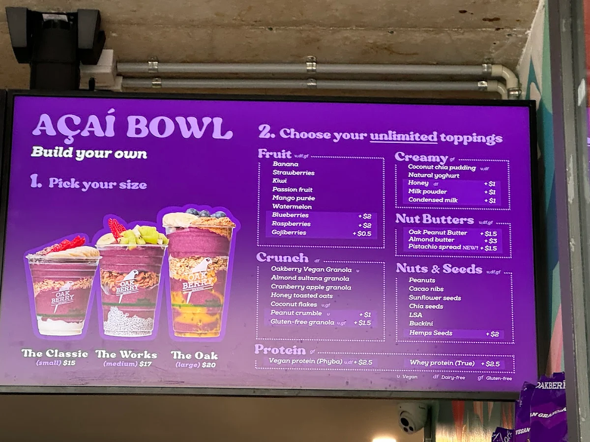 Menu, Oakberry Acai Bondi Beach
