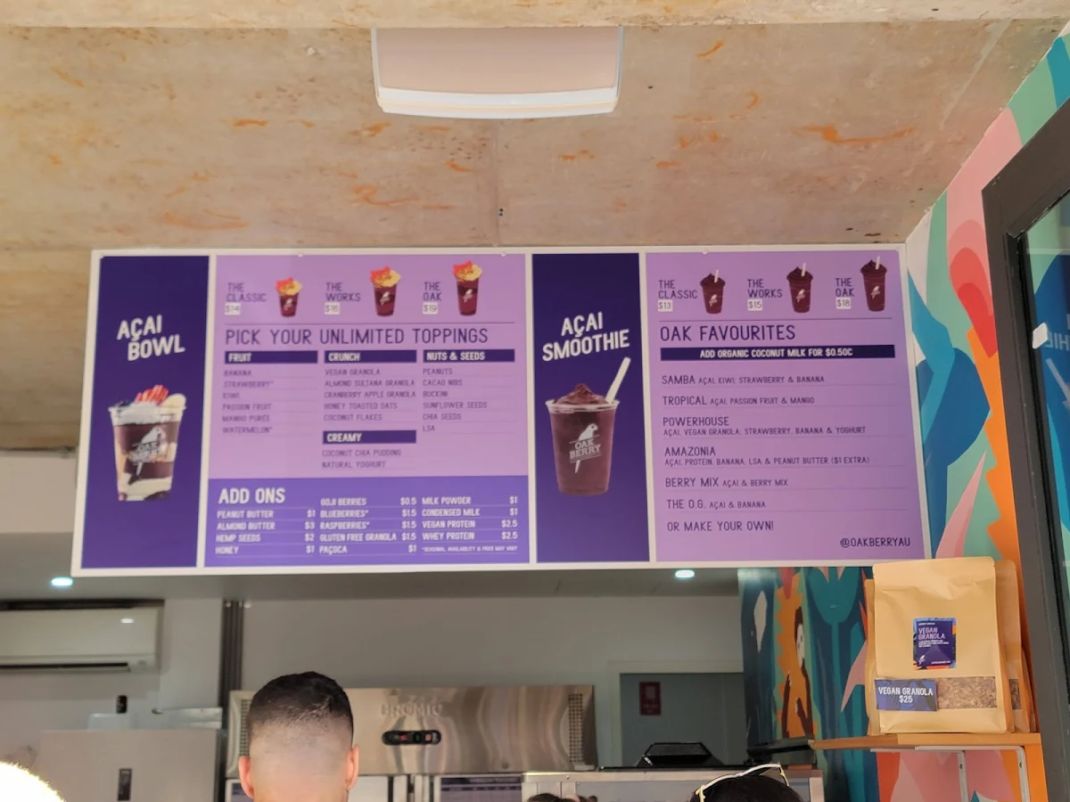 Menu, Oakberry Acai Bondi Beach
