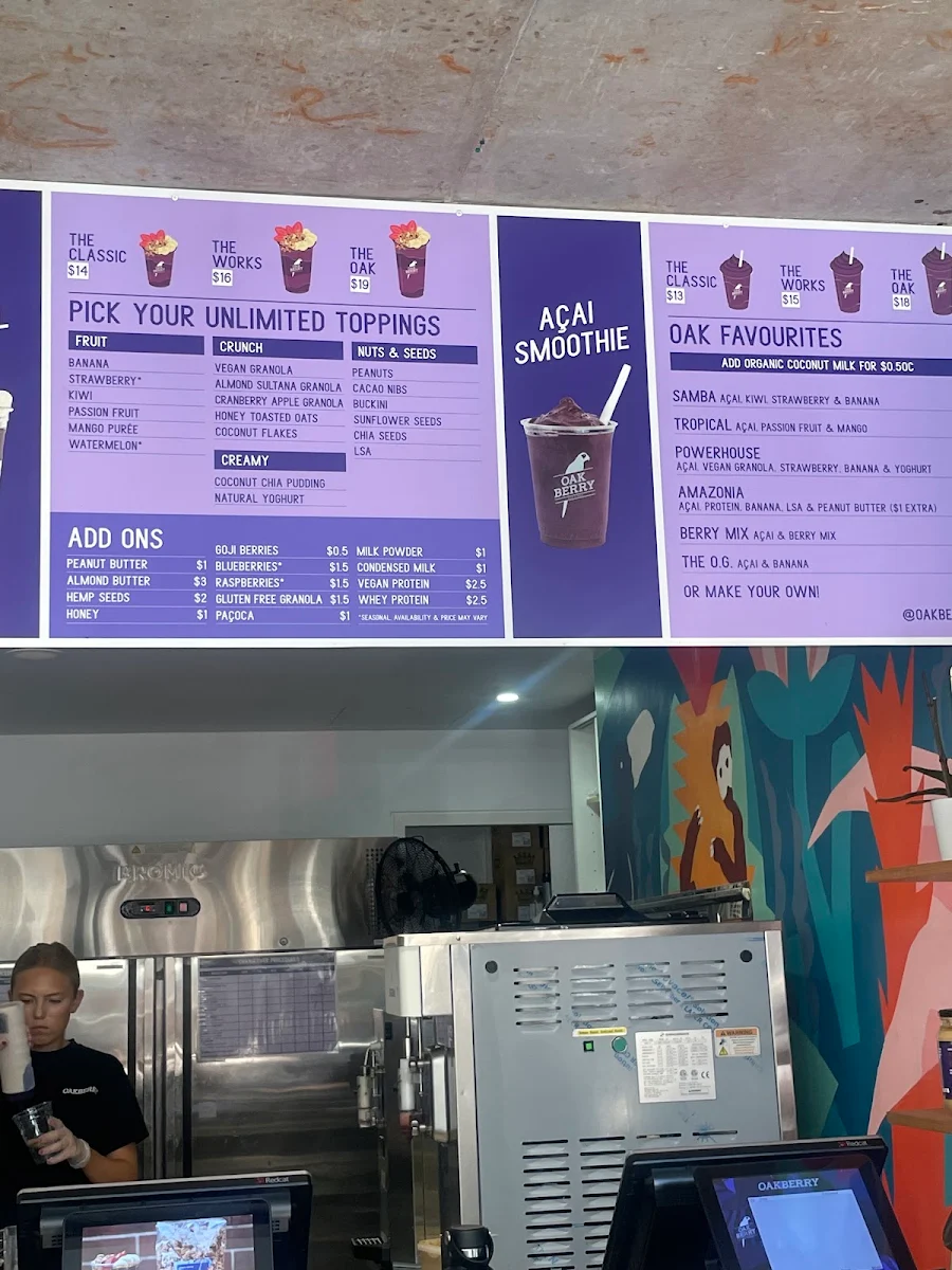 Menu, Oakberry Acai Bondi Beach