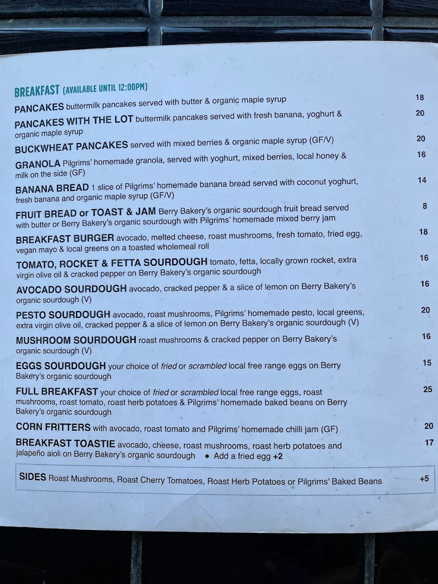 Menu, Pilgrims