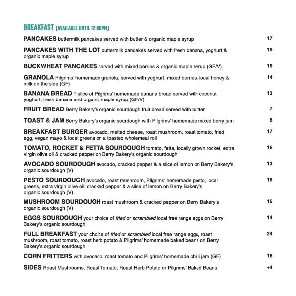 Menu, Pilgrims
