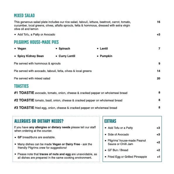 Menu, Pilgrims