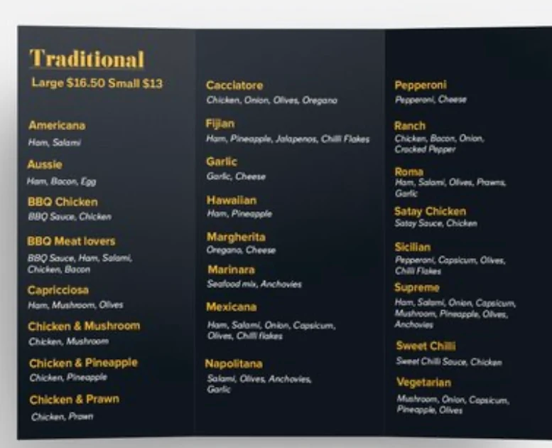 Menu, Epsom Village Pizza