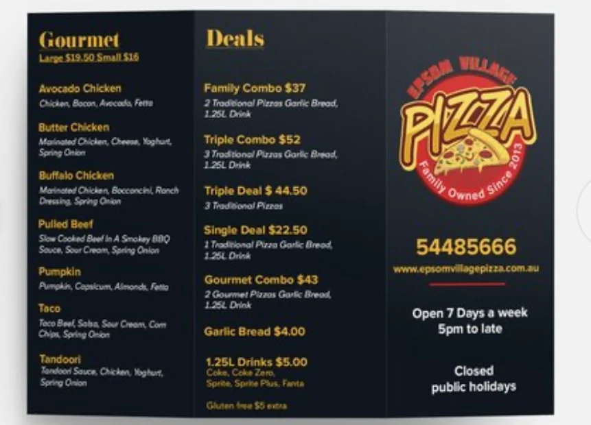 Menu, Epsom Village Pizza