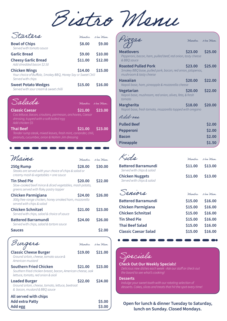 Menu, Palm Beach Currumbin Sports Club