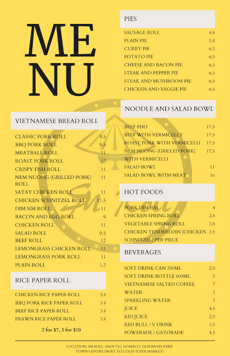 Menu, SM Roll Glenmore Park