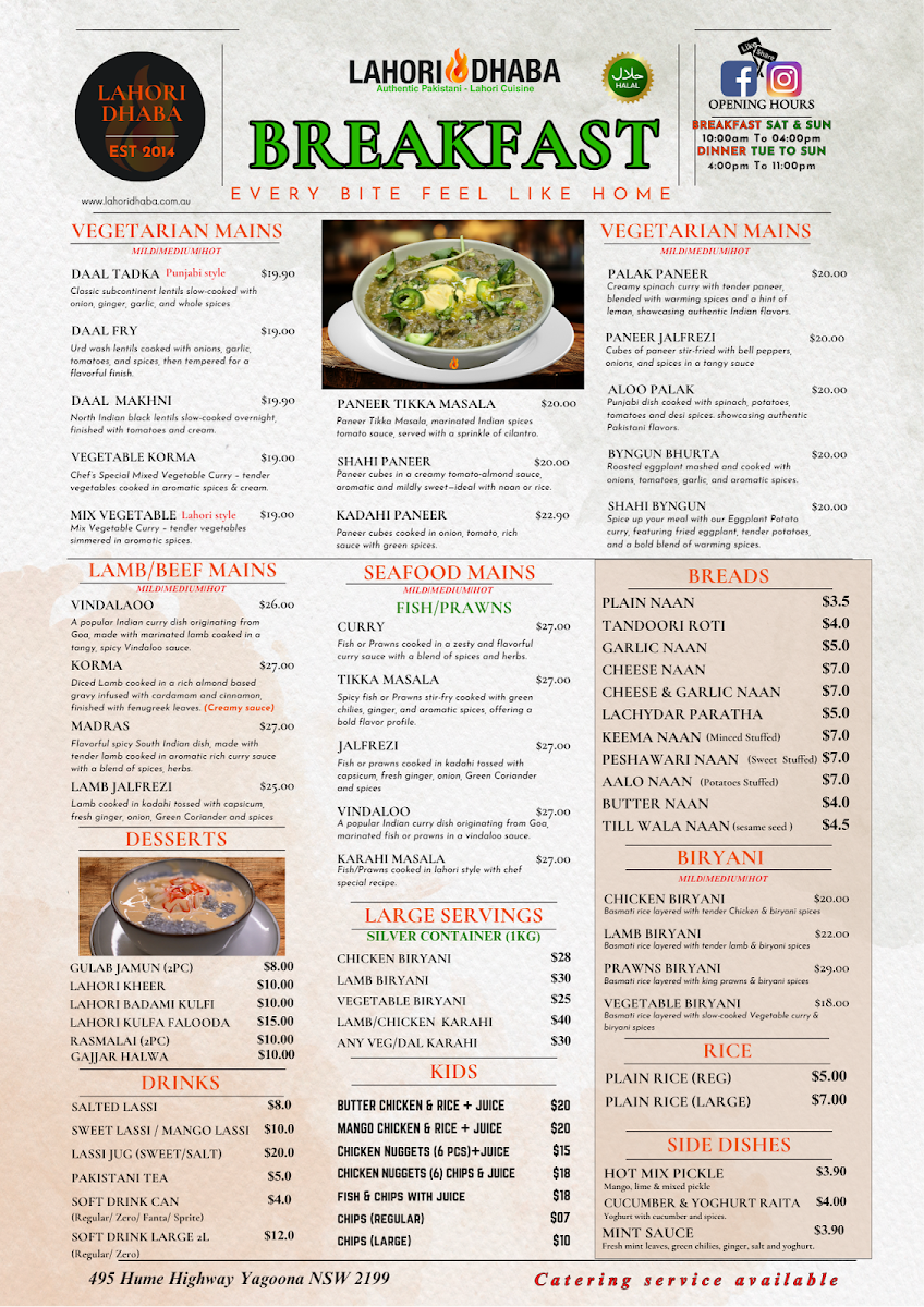 Menu, Lahori Dhaba