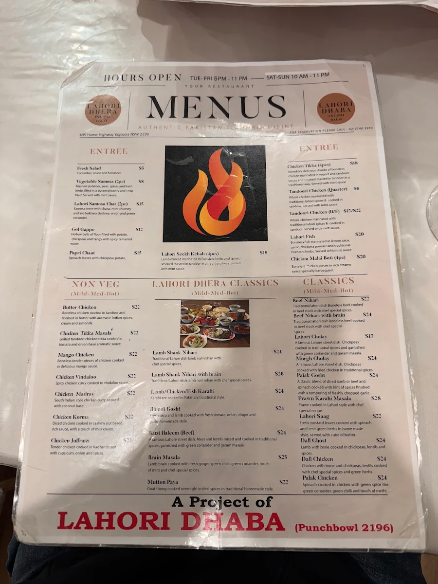 Menu, Lahori Dhaba