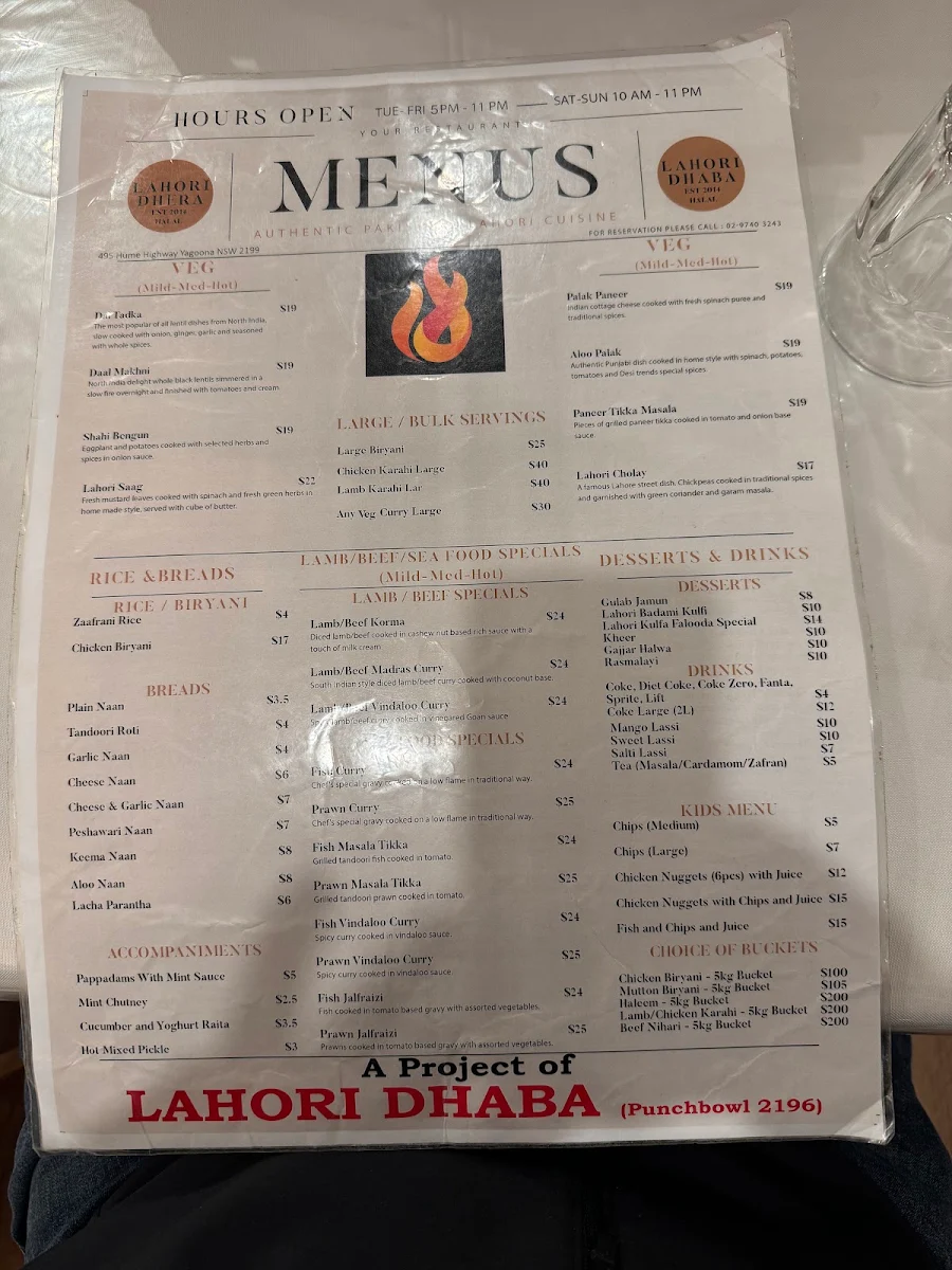 Menu, Lahori Dhaba