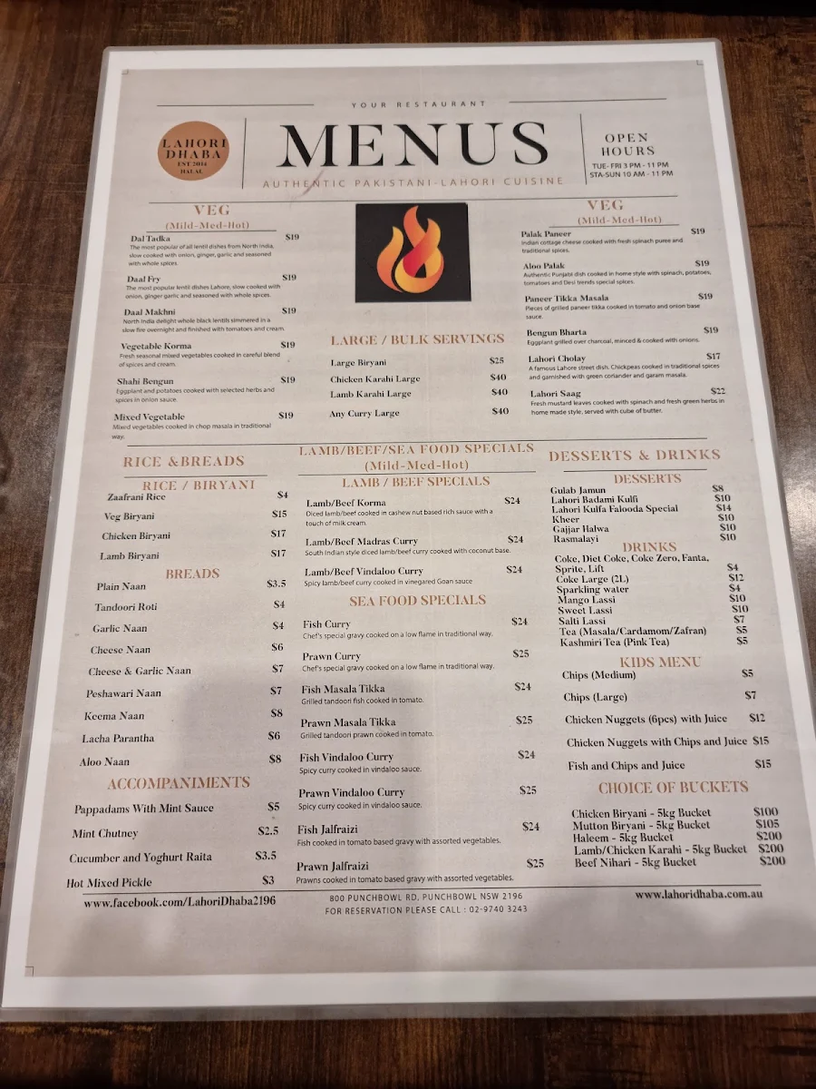 Menu, Lahori Dhaba