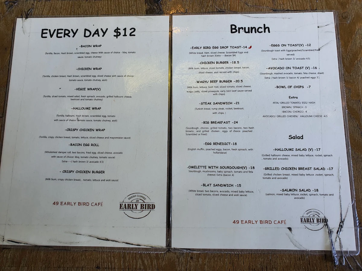 Menu, 49 Cafe Early Bird Epping