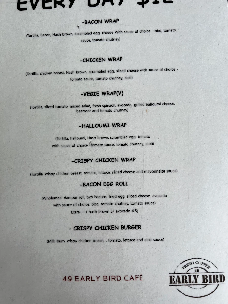 Menu, 49 Cafe Early Bird Epping
