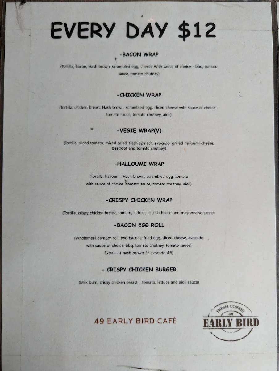 Menu, 49 Cafe Early Bird Epping