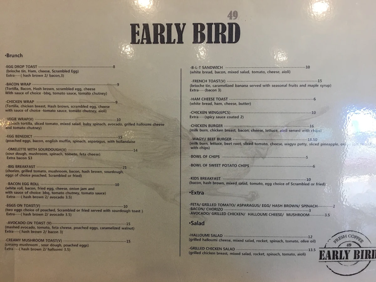 Menu, 49 Cafe Early Bird Epping