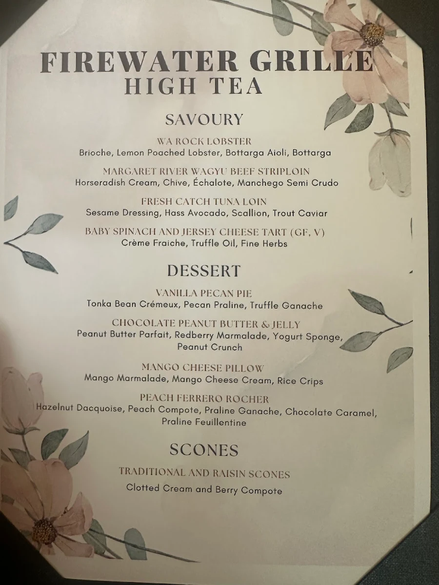 Menu, Firewater Grille