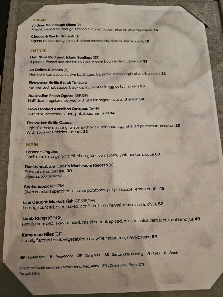 Menu, Firewater Grille
