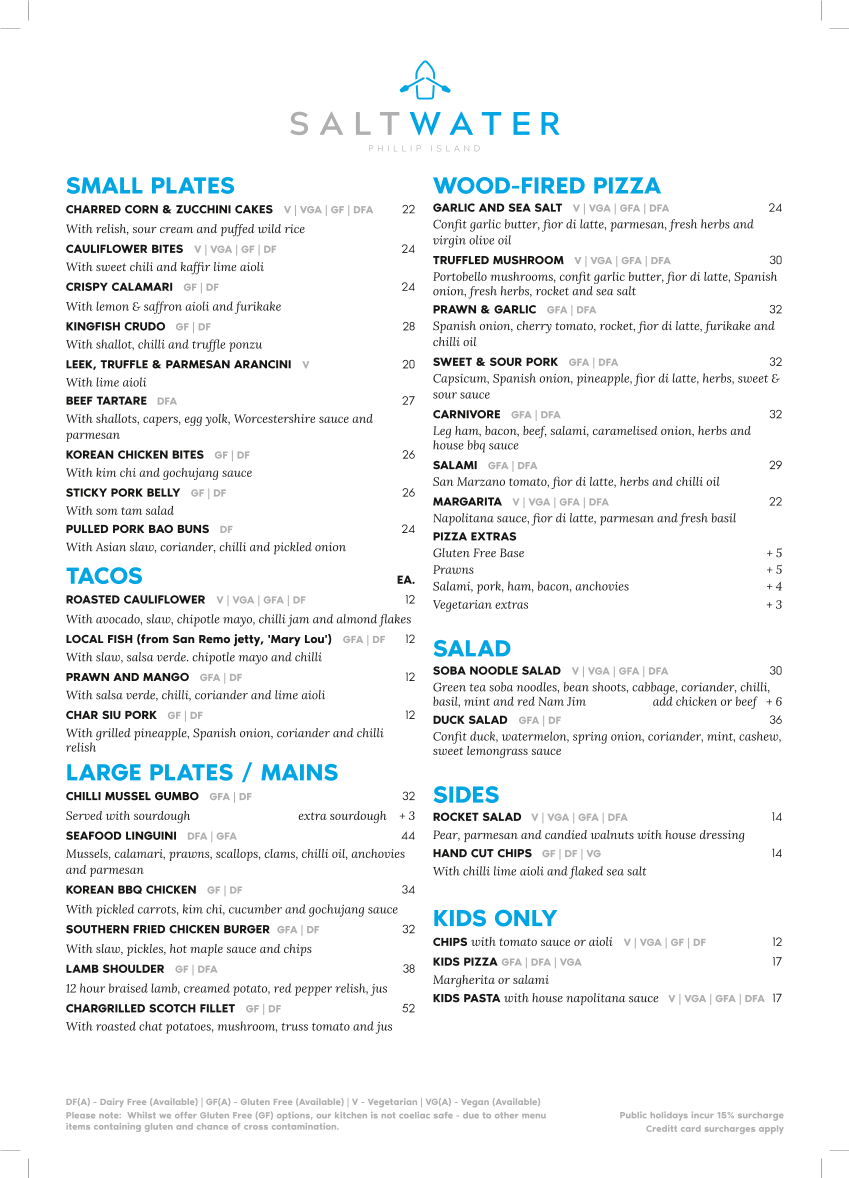 Menu, SALTWATER Phillip Island