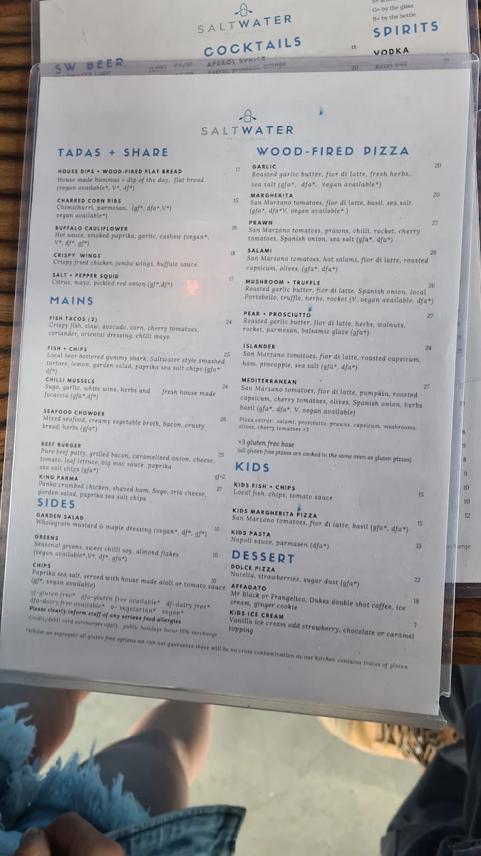 Menu, SALTWATER Phillip Island