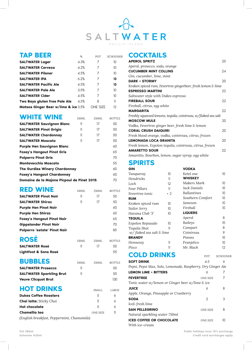 Menu, SALTWATER Phillip Island