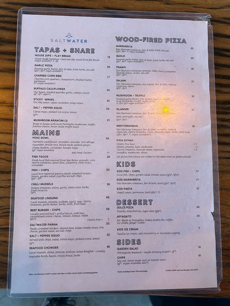 Menu, SALTWATER Phillip Island