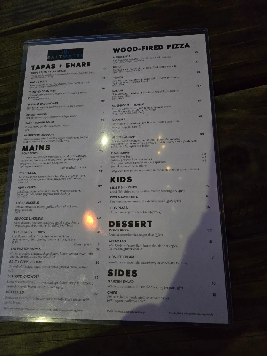Menu, SALTWATER Phillip Island