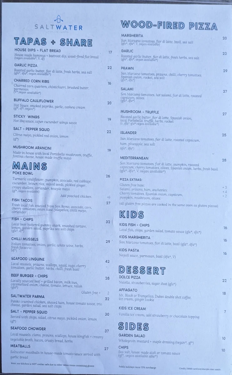 Menu, SALTWATER Phillip Island