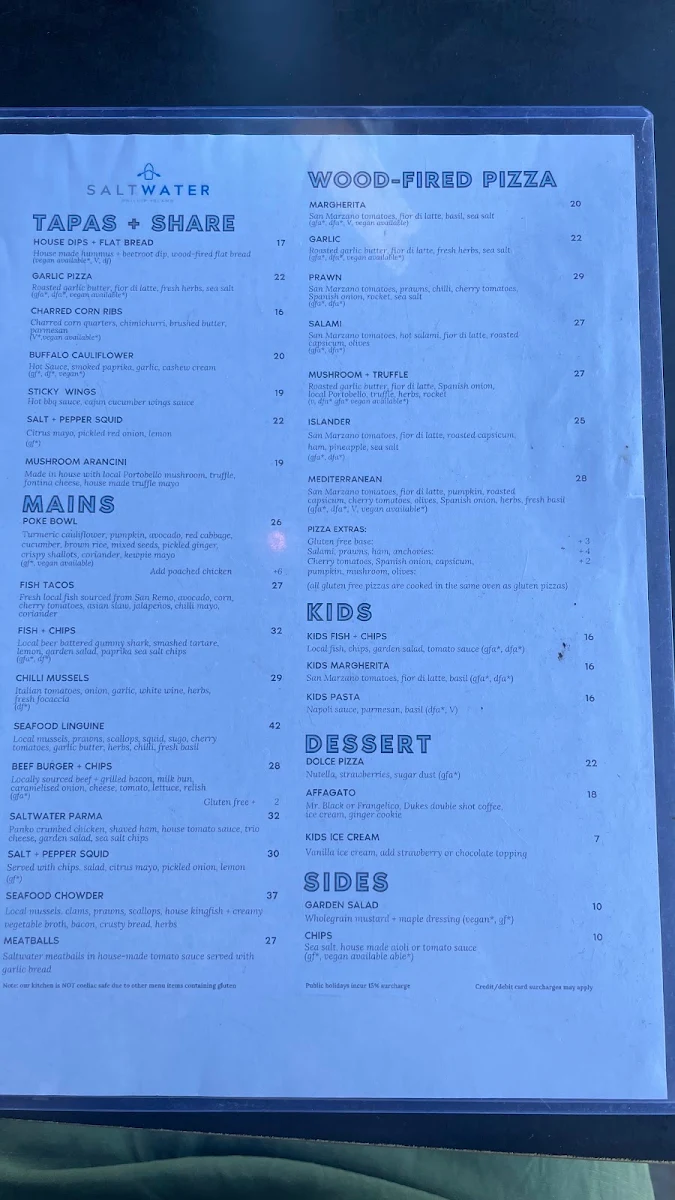 Menu, SALTWATER Phillip Island