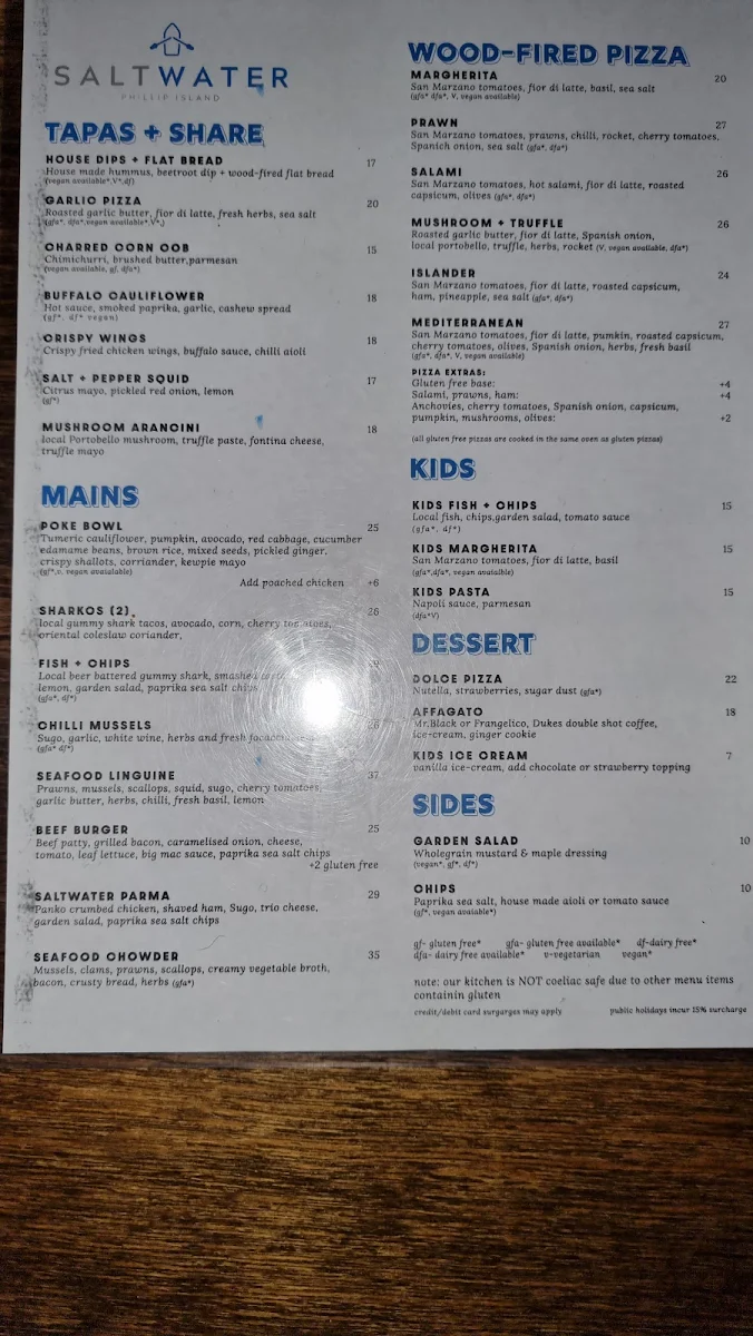 Menu, SALTWATER Phillip Island