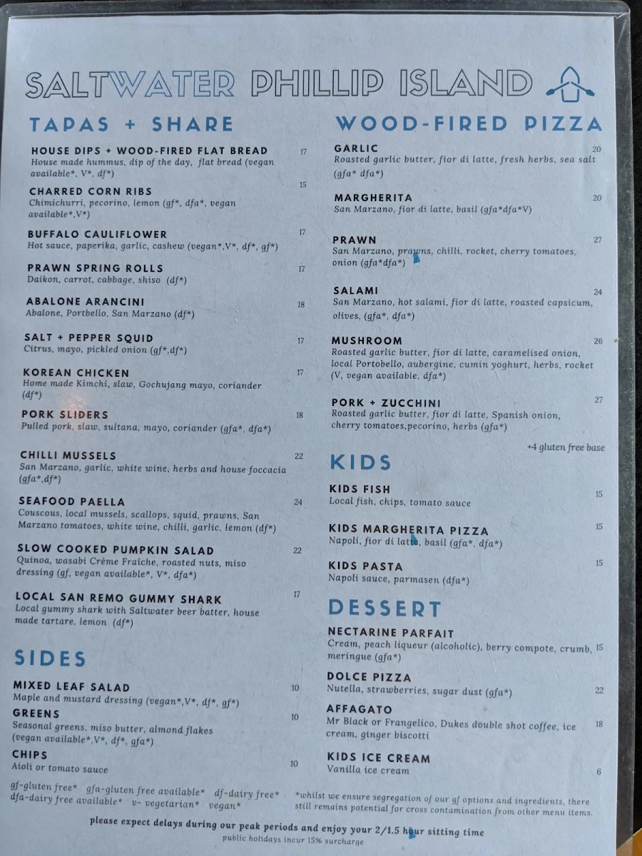 Menu, SALTWATER Phillip Island