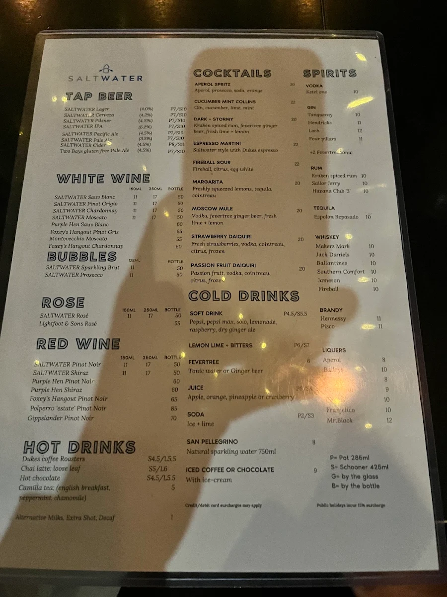 Menu, SALTWATER Phillip Island
