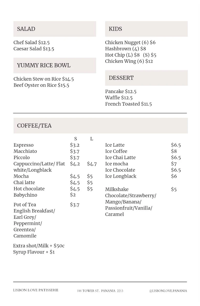 Menu, Lisbon Love Patisserie Panania