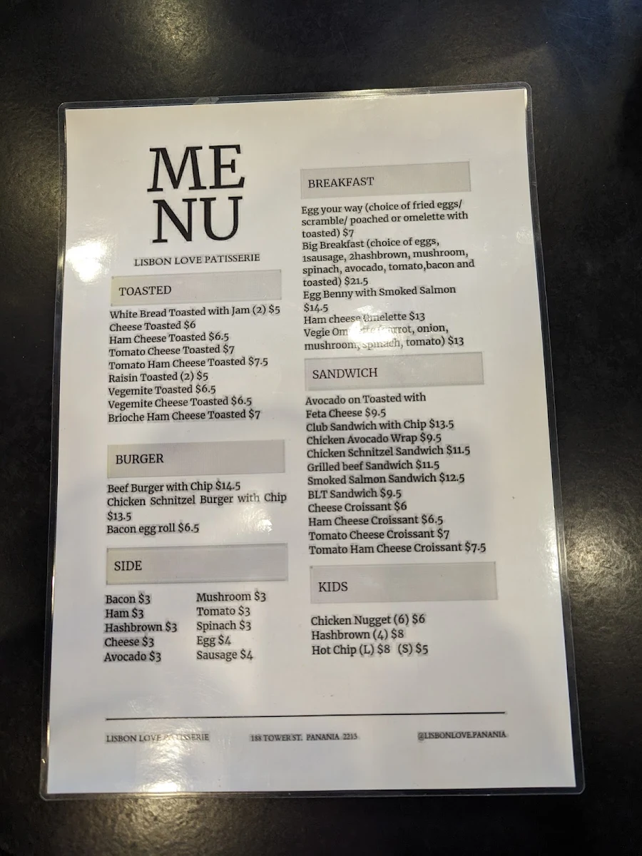 Menu, Lisbon Love Patisserie Panania