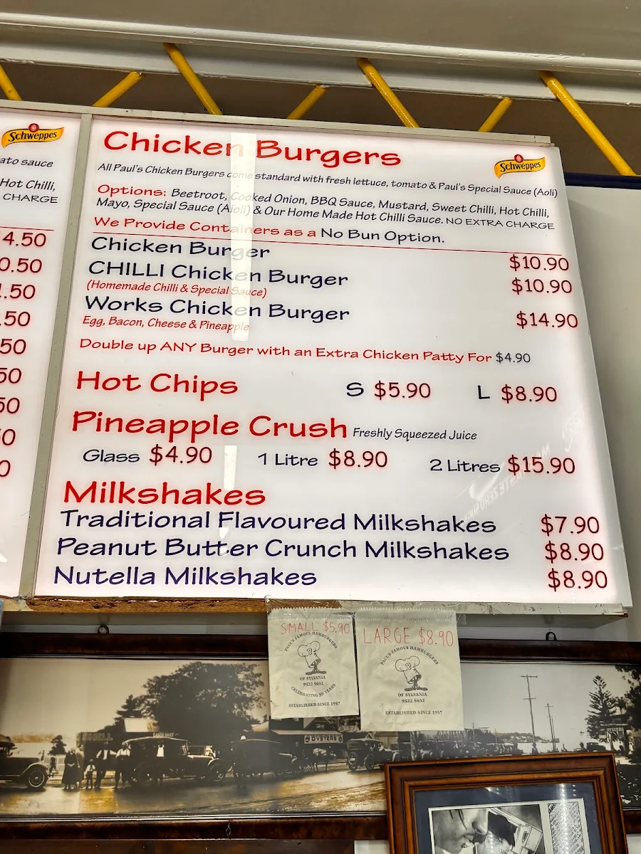 Menu, Paul's Famous Hamburgers