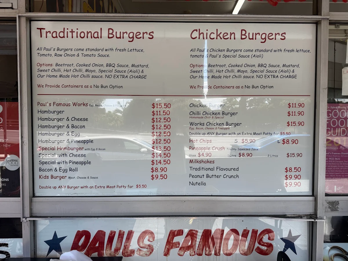 Menu, Paul's Famous Hamburgers