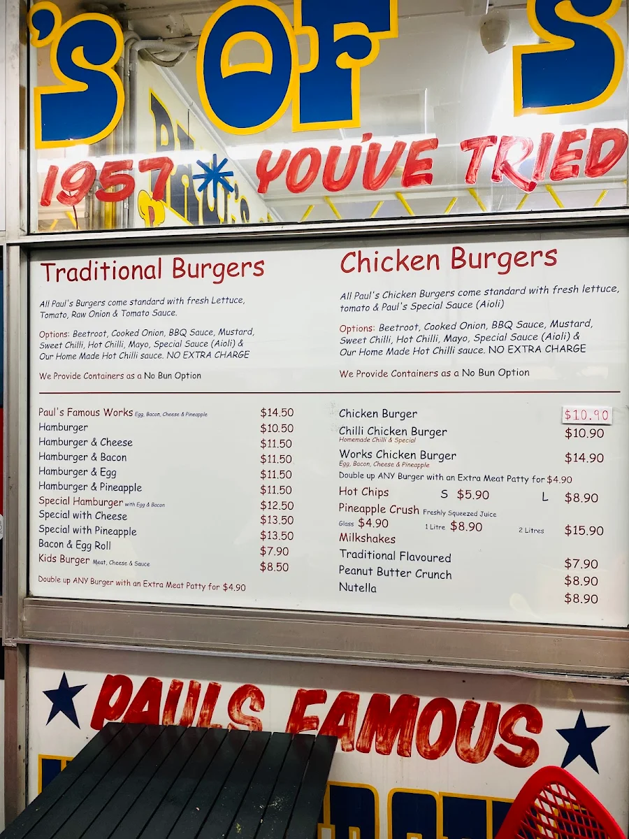 Menu, Paul's Famous Hamburgers