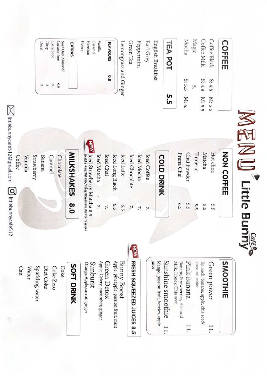 Menu, Little Bunny Cafe