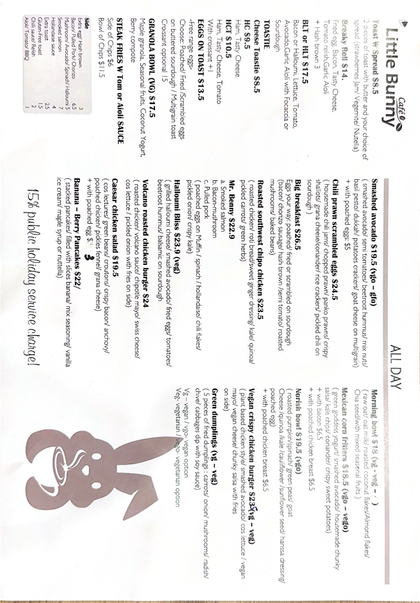Menu, Little Bunny Cafe