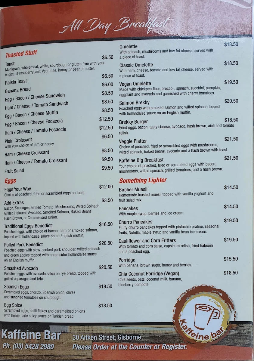 Menu, Kaffeine bar